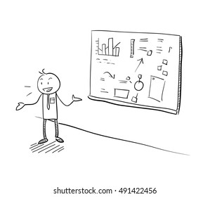 Business Presentation Doodle, a hand draw vector illustration of a stick figure in a business presentation.