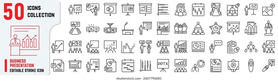Business Presentation Editable Stroke Icon Set – Thin Vector Design for Strategy, Analytics, Growth, Report, Infographics, Planning, Team Meeting, Presentation, Data Chart, Professional Slide Graphics