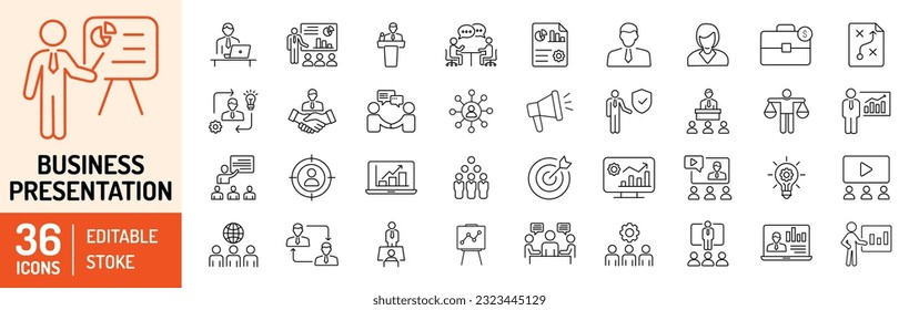 Business presentation editable stroke icons set. Presentation, business, seminar, partnership, goals, meeting, whiteboard, conference and business plan icons. Vector illustration.