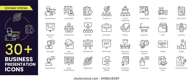 Business presentation editable stroke icons set. Presentation, business, seminar, Presenting, partnership, goals, meeting, Business Deal, whiteboard, conference and plan icons. Vector collection.