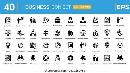 Kontursymbolsatz für die bearbeitbare Geschäftspräsentation. Präsentation, Business, Seminar, Präsentation, Partnerschaft, Ziele, Meeting, Business Deal, Whiteboard, Konferenz und Plansymbole. Vektorsammlung.