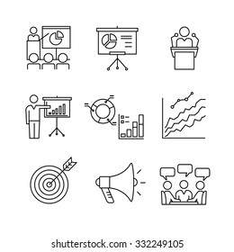 Business Presentation, Education, Seminar, Lecture, Speech Analytics And Statistics Thin Line Art Icons Set. Modern Black Symbols Isolated On White For Infographics Or Web Use.