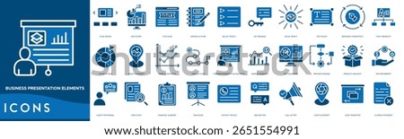 Business Presentation Elements icon set. Slide Design, Data Chart, Title Slide, Agenda Outline, Bullet Points, Key Message, Visual Impact and Text Block
