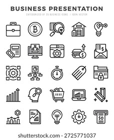 Elementos da Apresentação Comercial. Conjunto de ícones da Web linear. Ilustração de vetor simples.