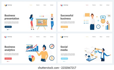 Presentación empresarial e investigación de datos financieros, análisis y éxito conjunto de ilustraciones vectoriales. Las personas diminutas de caricatura trabajan con gráficos circulares, contenido de medios sociales, miran a través del telescopio las ideas futuras