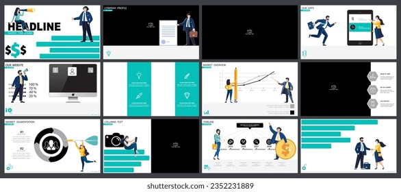 Business presentation, financial success, powerpoint, launching a new business project. Infographic design template, elements, background, set. A team of people creates a business, teamwork. Vector