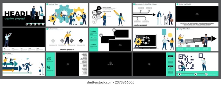 Business presentation, financial success, powerpoint, launching a new business project in Dubai. Infographic design template, elements, set. Team of people create a business with an Arab sheikh.Vector