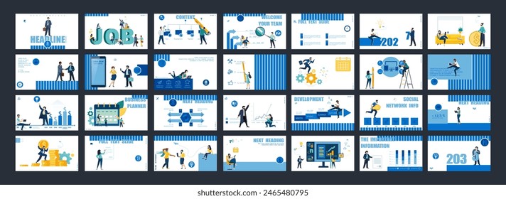 Presentación empresarial, éxito financiero, powerpoint, lanzamiento de un nuevo proyecto empresarial. Plantilla de diseño infográfico, Elementos, fondo, conjunto. Un equipo de personas crea un negocio, trabajo en equipo. Vector