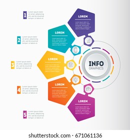 Business presentation with five options. Vector dynamic infographics of technology or education process. Web Template of a chart, mindmap or diagram. Part of the report.