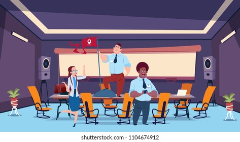 business presentation flag bubble concept businesspeople flight fantasies team brainstorming group of business people professionals meeting discussing report in office flat