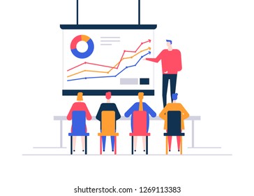 Business presentation - flat design style colorful illustration on white background. A composition with a male lecturer, businessman showing infographics on whiteboard in front of colleagues