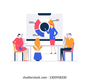 Business presentation - flat design style colorful illustration vector illustration on white background. An image of female lecturer speaking at the flip chart, showing diagrams in front of colleagues