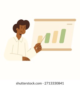 Business presentation. Flat illustration featuring a man pointing at a growth chart. Modern design for business reports, marketing materials, training presentations and educational content.