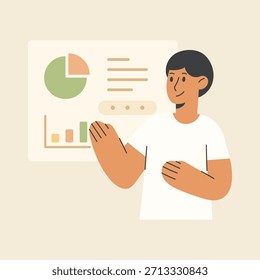 Business presentation. Flat illustration featuring a man pointing at a growth chart. Modern design for business reports, marketing materials, training presentations and educational content.
