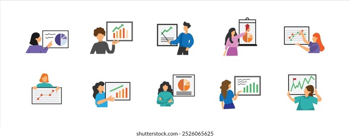 Business Presentation flat illustration set. Include of chart, communication, present, and meeting. Vector illustration isolated.