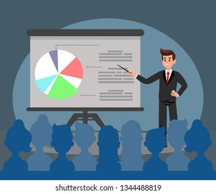 Business Presentation Flat Vector Illustration. Audience in Hall. Office Worker near Whiteboard Cartoon Character. Corporate Training. Business Coaching, Mentoring. Market Analytics. Public Speaking