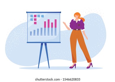 Business presentation flat vector illustration. Office worker presenting annual report. Employee speaking about company performance statistics. Faceless cartoon character on white and blue background