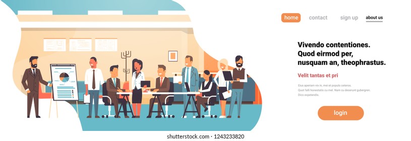 Business presentation flip chart concept team brainstorming group people professionals meeting discussing report modern office flat horizontal copy space