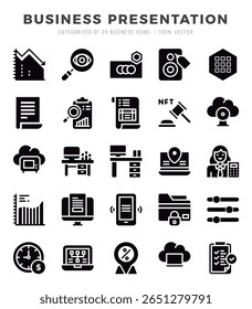 Business Presentation Glyph icons collection. 25 icon set. Vector illustration.