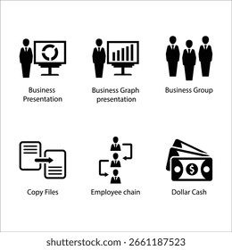 Apresentação Comercial, Apresentação Gráfica, Grupo Funcional, Copiar Arquivos, Cadeia de Funcionários, Dinheiro em Dólar, ícone