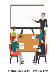 Business presentation for group of employees, Workshop,  Master class. Teacher in front of blackboard with stick conducting a lecture.
