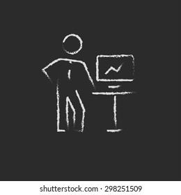 Mano de presentación de negocios dibujada en tiza sobre un icono blanco vectorial de pizarra en un fondo negro
