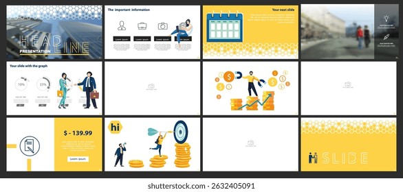 Business presentation, header, powerpoint, launch of new business project. Infographic design template, yellow elements on white background, set. Team of people creating business. Vector illustrations