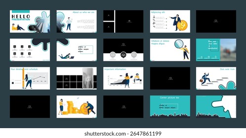 Business presentation, header, PowerPoint, launch of a new business project. Infographic template, green elements on a white background, set. Team of people creating a business. Vector illustration