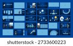 Business presentation, headline, powerpoint, launch of a new business project. Infographic design template, blue elements, blue background, set. Team of people create a business. Vector illustrations