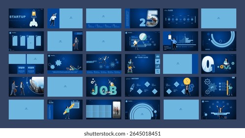 Business presentation, headline, powerpoint, launch of a new business project. Infographic design template, blue elements, blue background, set. Team of people create a business. Vector illustrations