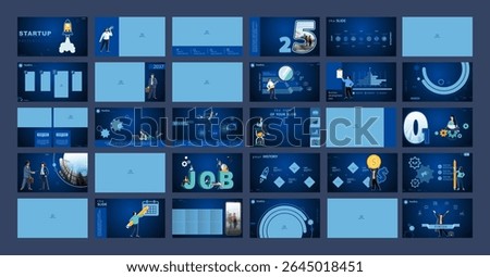 Business presentation, headline, powerpoint, launch of a new business project. Infographic design template, blue elements, blue background, set. Team of people create a business. Vector illustrations