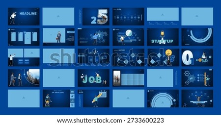 Business presentation, headline, powerpoint, launch of a new business project. Infographic design template, blue elements, blue background, set. Team of people create a business. Vector illustrations