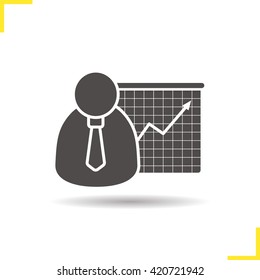 Business presentation icon. Drop shadow silhouette symbol. Businessman in tie with income growth chart. Vector isolated illustration