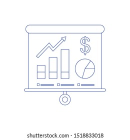 Business presentation icon. Flip chart with growing graph, diagram. Whiteboard isolated on background. Concept of line icon