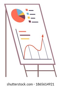 Icono de presentación de negocios. Voltear el gráfico con gráfico en crecimiento, diagrama. La pizarra está aislada de fondo blanco. Voltear el gráfico con gráfico circular, plan y estadísticas dibujadas por la ilustración de marca plana de la empresa