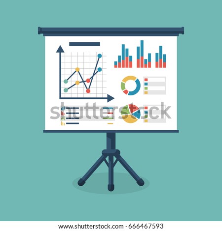 Business presentation icon. Flip chart with growing graph, diagram. Whiteboard isolated on background. Vector illustration flat design. Report screen with market data statistics business strategies.
