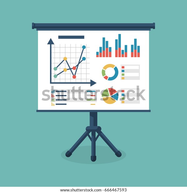 Business presentation icon. Flip chart with\
growing graph, diagram. Whiteboard isolated on background. Vector\
illustration flat design. Report screen with market data statistics\
business strategies.