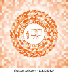 business presentation icon inside abstract emblem, orange mosaic background