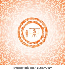business presentation icon inside abstract orange mosaic emblem