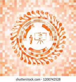 business presentation icon inside abstract orange mosaic emblem with background