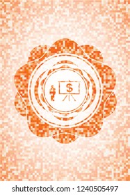 business presentation icon inside abstract orange mosaic emblem