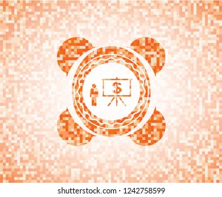 business presentation icon inside abstract orange mosaic emblem with background
