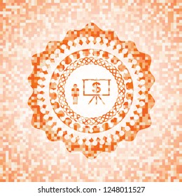 business presentation icon inside abstract orange mosaic emblem with background