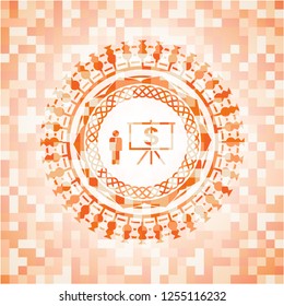 business presentation icon inside abstract orange mosaic emblem