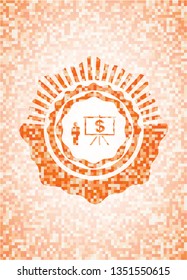 business presentation icon inside abstract emblem, orange mosaic background