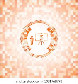 business presentation icon inside abstract orange mosaic emblem