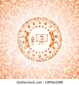 business presentation icon inside abstract emblem, orange mosaic background