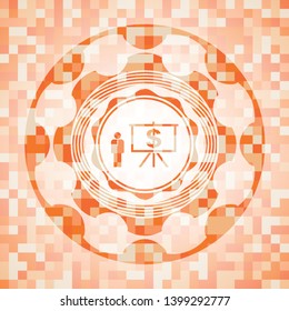 business presentation icon inside abstract orange mosaic emblem
