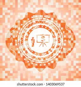 business presentation icon inside abstract orange mosaic emblem with background