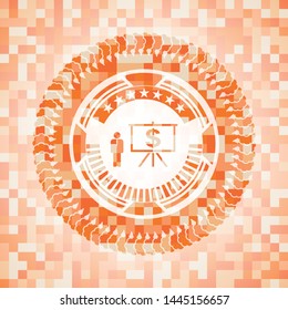 business presentation icon inside abstract orange mosaic emblem